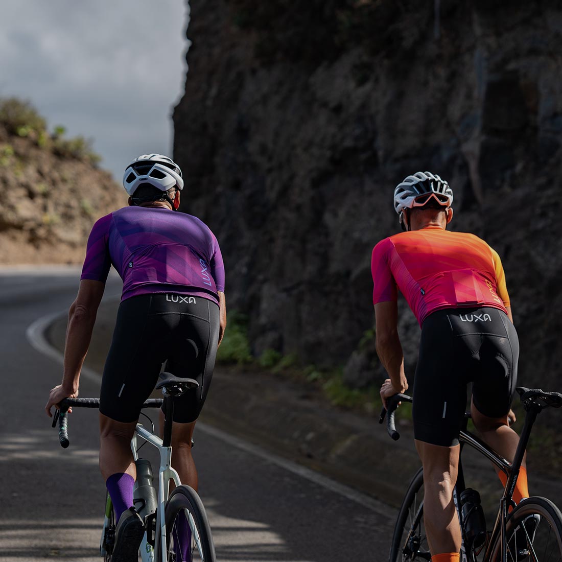 luxa cycling premium bib shorts and tights and two friends wearing Luxa bib shorts
